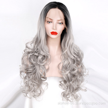 Aisi Beauty Wholesale Vendor Ombre Gray Big Curly Wave Wig Long Wavy Swiss Lace Synthetic Hair For Black Women Lace Front Wig